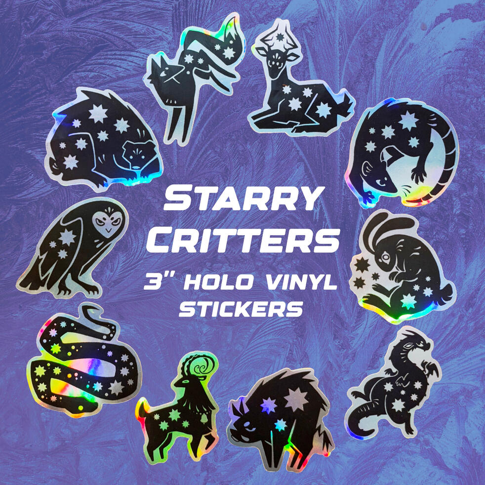 Starry Critters 3 inch holographic stickers